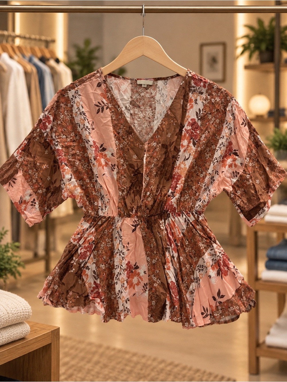 ANDREE BY UNIT Floral Peplum Tunic in Pink and Brown